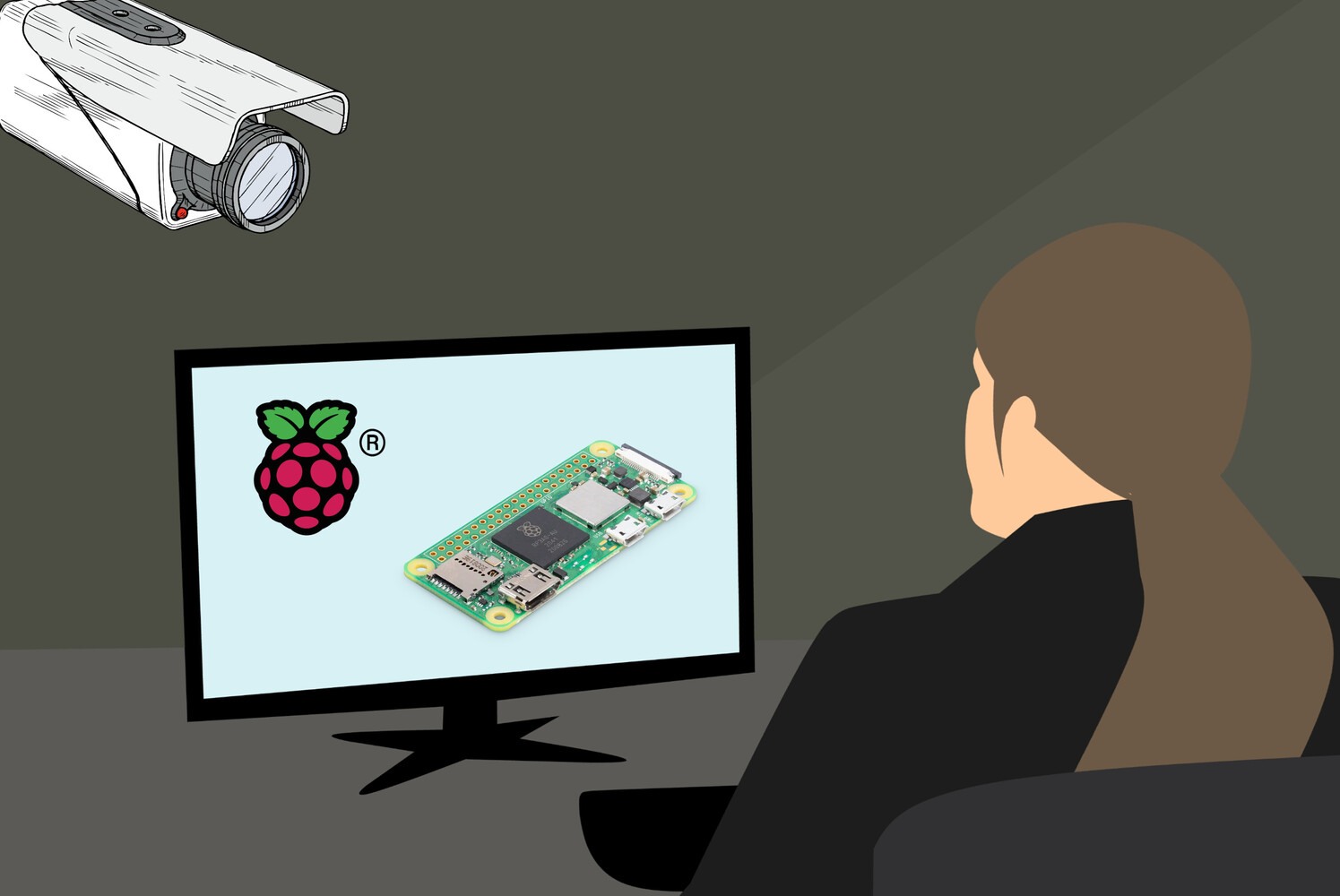 A person looking at a monitor with the Raspberry Pi logo and a Raspberry Pi Zero 2 W device in it. There is a camera in the top left pointed at the person.